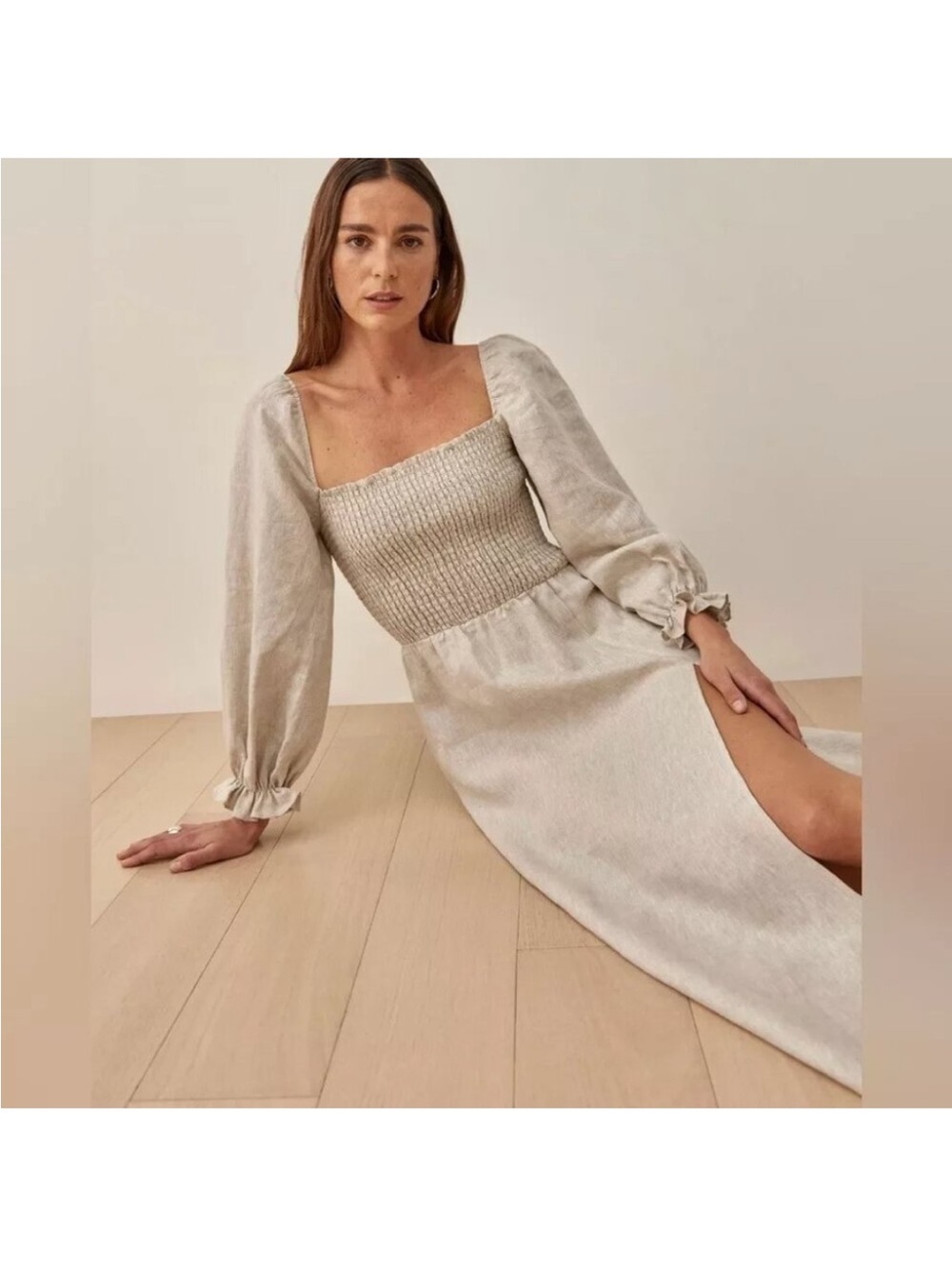 Reformation Gitane Linen Dress Oatmeal Tan Midi Smocked Slit size XS